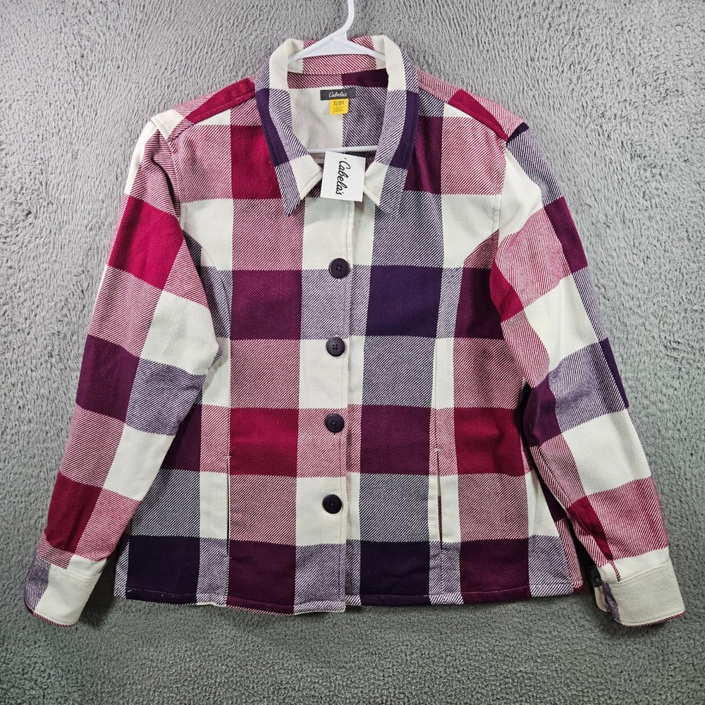 NEW Cabela's Plaid Button Up Shirt Jacket Women's XL Burgundy Purple Long Sleeve